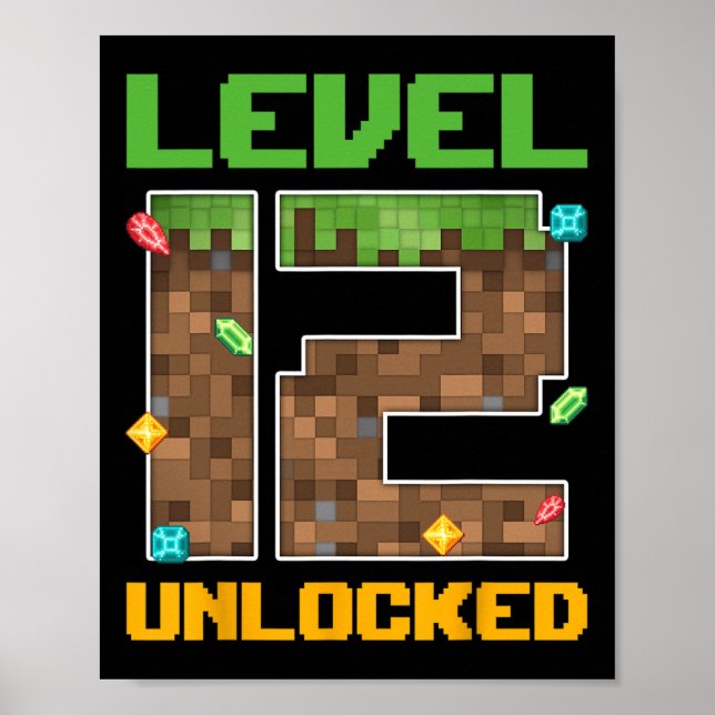 Poster Level 12 Unlocked Video Game Number Pixel 12 Years (Frente)