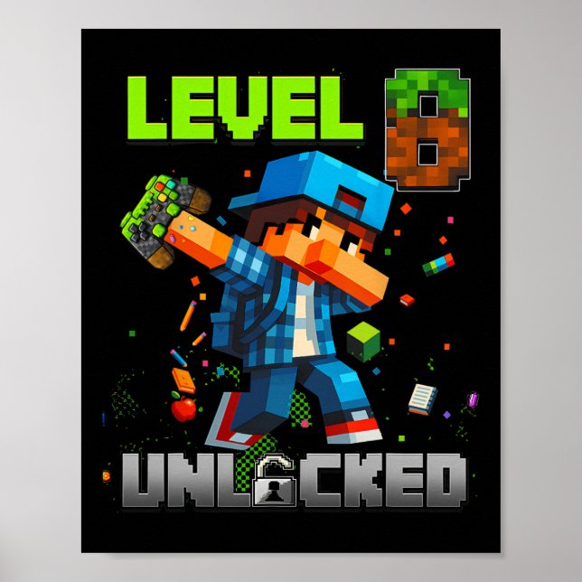 Poster Level 8 Unlocked Funy Birthday Boy Pixel Gamer 8th (Frente)