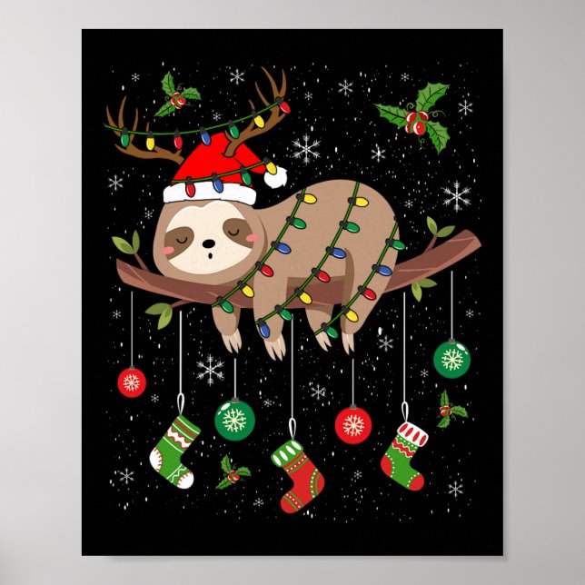 Poster Leves Xmas Lighting Reindeer Santa Hat Sloth Chri (Frente)