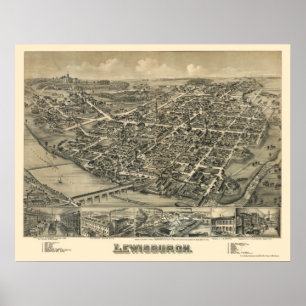 Poster Lewisburg, mapa panorâmico do PA - 1884