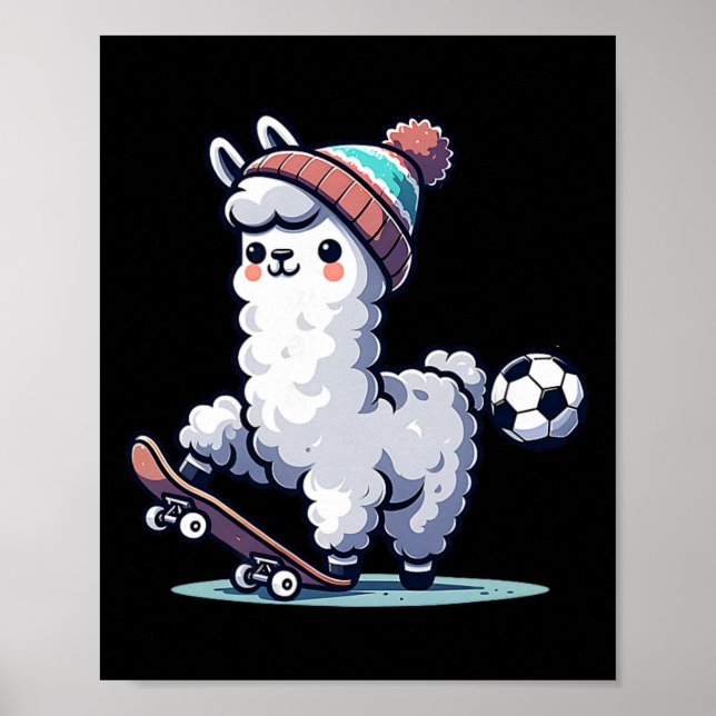 Poster Lhama Fofa Em Skate Com Boné Byll De Futebol  (Frente)