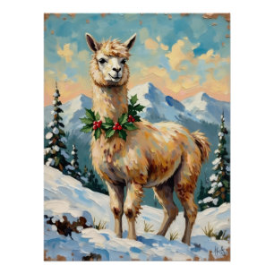 Póster Lhama Vintage em Prado de Natal Nevado