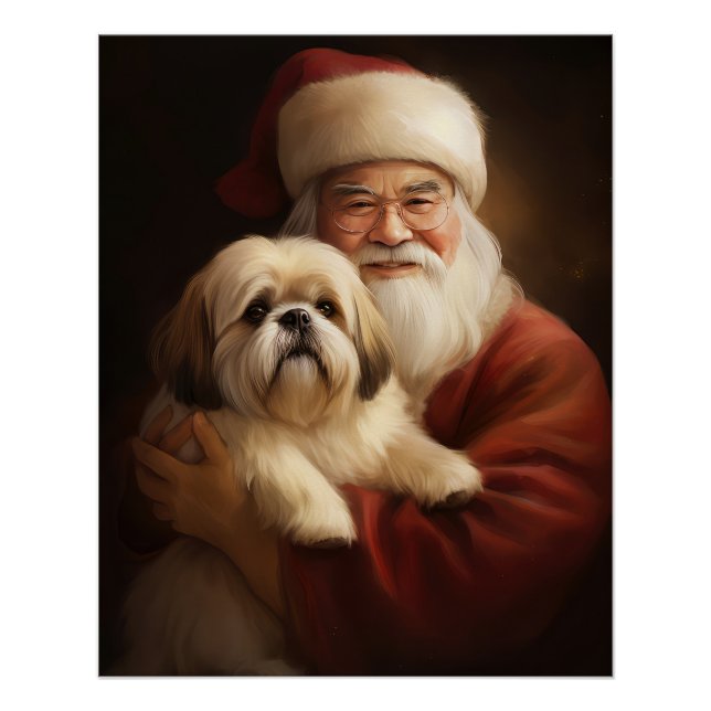 Póster Lhasa Apso Com Papai Noel Natal Festivo (Frente)