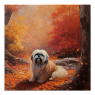 Póster Lhasa Apso nas Folhas de Outono Caem Inspirar