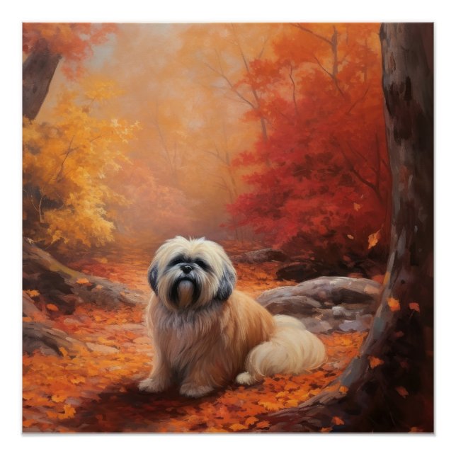 Póster Lhasa Apso nas Folhas de Outono Caem Inspirar (Frente)