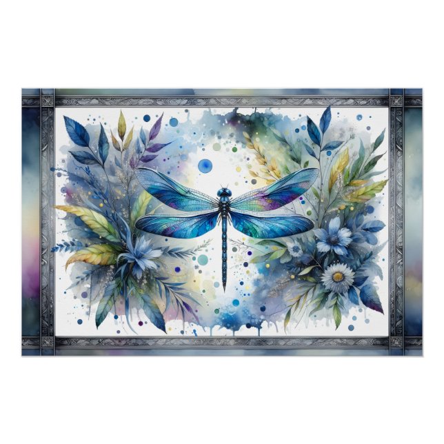 Póster Libélula Azul Aquarela Botânica (Frente)