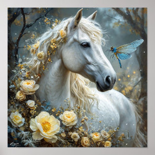 Poster Libélula de Cavalo Branco E Sonho de Rosas Brancas