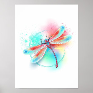 Poster libélula vermelha sobre fundo de aquarela