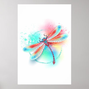 Poster libélula vermelha sobre fundo de aquarela