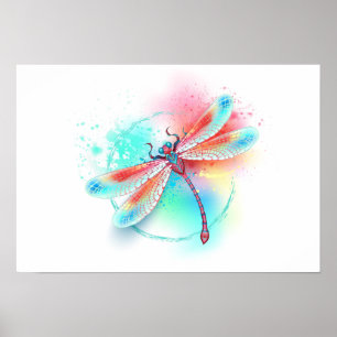 Poster libélula vermelha sobre fundo de aquarela