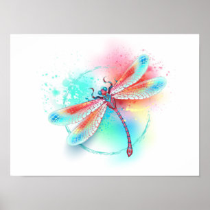 Poster libélula vermelha sobre fundo de aquarela