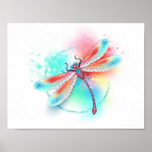 Poster libélula vermelha sobre fundo de aquarela