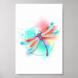 Poster libélula vermelha sobre fundo de aquarela