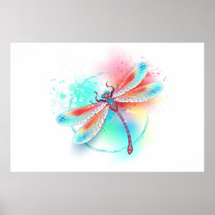 Poster libélula vermelha sobre fundo de aquarela