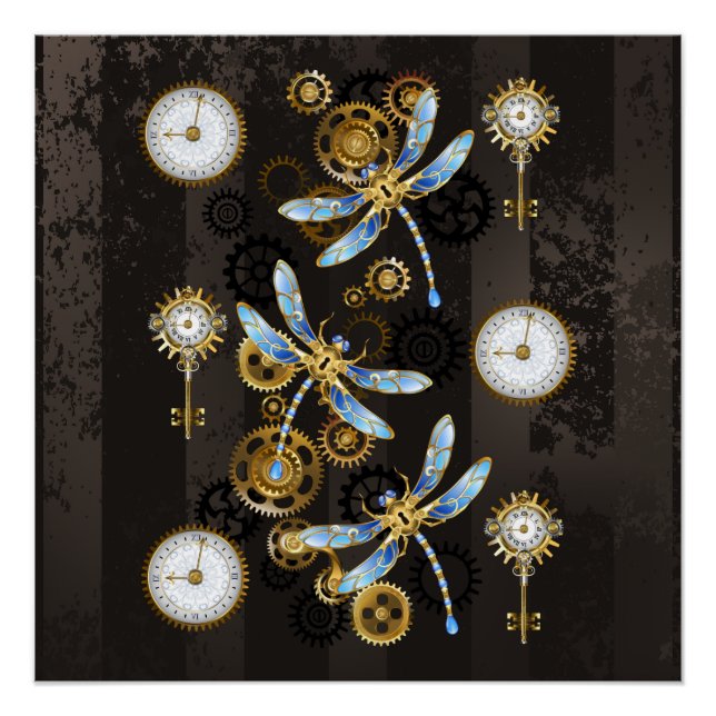Póster Libélulas Steampunk em fundo listrado marrom (Frente)