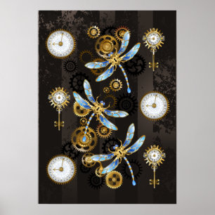 Poster Libélulas Steampunk em fundo listrado marrom