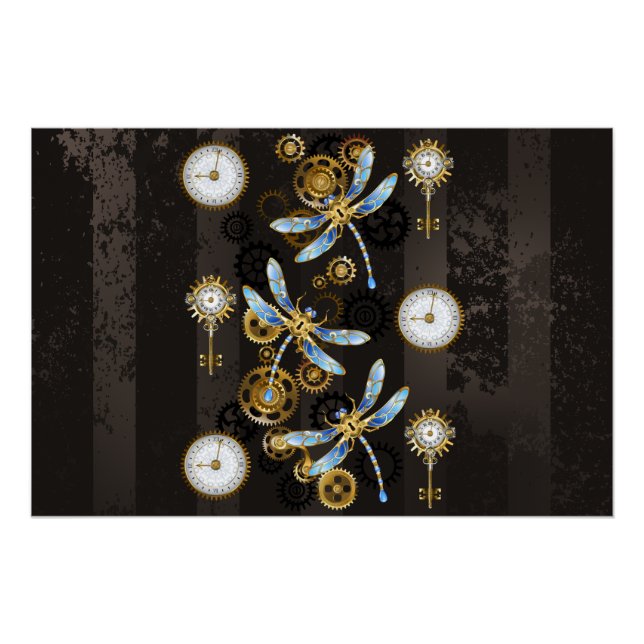 Póster Libélulas Steampunk em fundo listrado marrom (Frente)