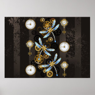 Poster Libélulas Steampunk em fundo listrado marrom