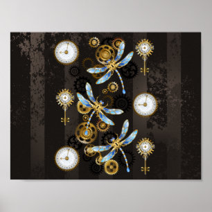 Poster Libélulas Steampunk em fundo listrado marrom