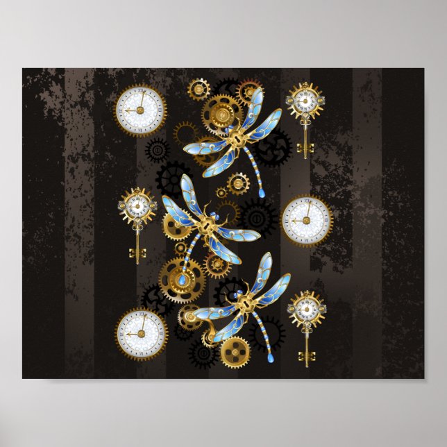 Poster Libélulas Steampunk em fundo listrado marrom (Frente)