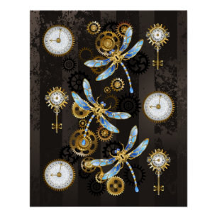 Póster Libélulas Steampunk em fundo listrado marrom