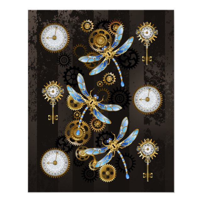 Póster Libélulas Steampunk em fundo listrado marrom (Frente)