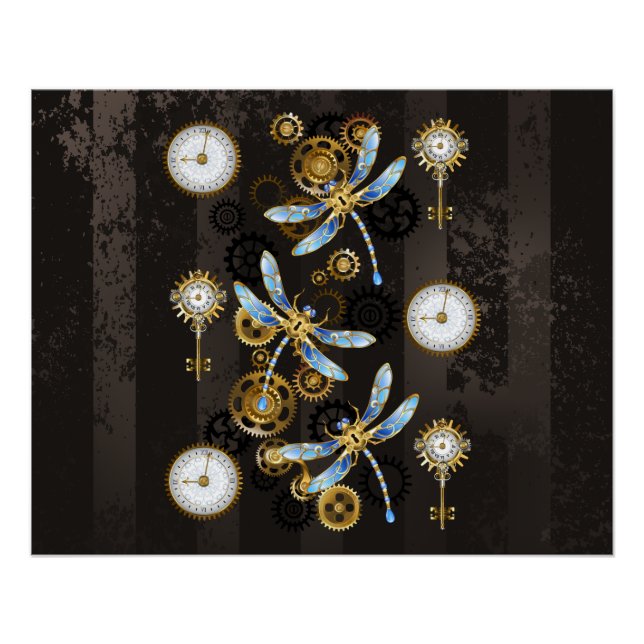Póster Libélulas Steampunk em fundo listrado marrom (Frente)