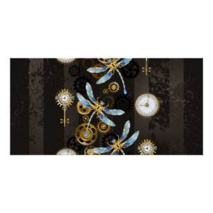 Póster Libélulas Steampunk em fundo listrado marrom