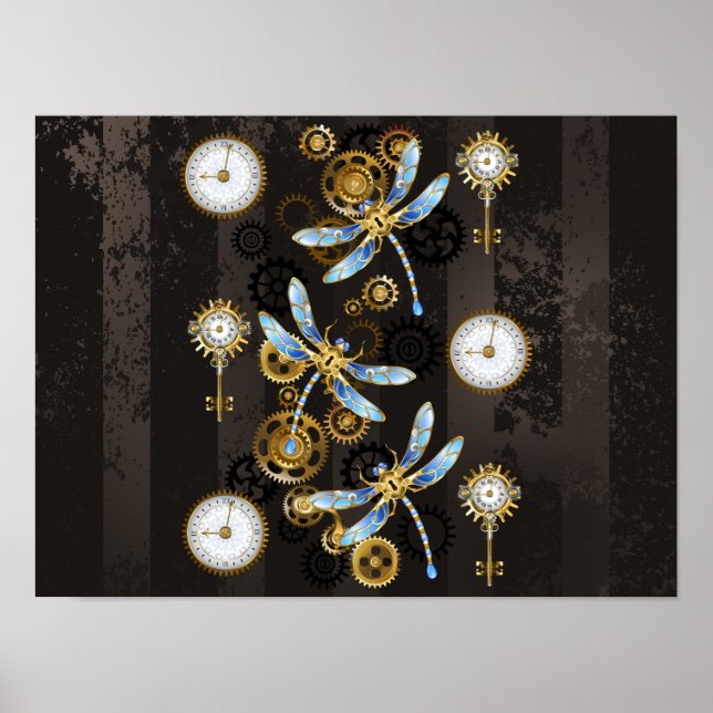 Poster Libélulas Steampunk em fundo listrado marrom (Frente)