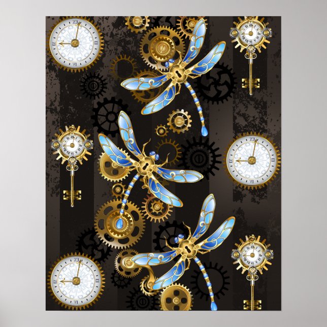 Poster Libélulas Steampunk em fundo listrado marrom (Frente)