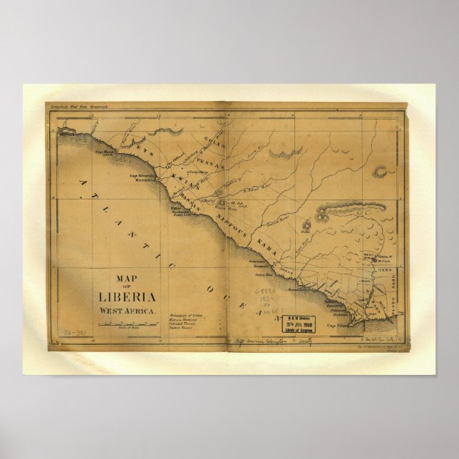 Póster Libéria, África Ocidental, Mapa Antiquado de 1830 (Frente)