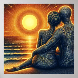 Poster Liebespaar bei Sonnen Untergang am Meer