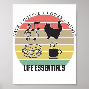 Poster "Life Essentials Cats", Café, Livros, Música Vinta