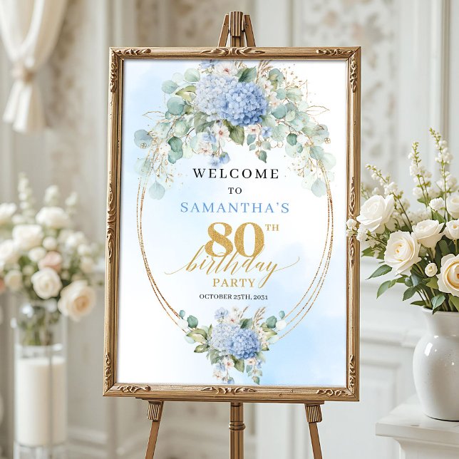 Poster Light Blue Bohemian Hydrangeas 80 birthday welcome (Light Blue Bohemian Hydrangeas 80th birthday welcome)