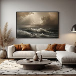 Poster Light in the Storm<br><div class="desc">Seascape with powerful waves and sunbeams breaking through dramatic clouds. Sepia tones create a melancholic and inspiring atmosphere. Perfect for decoration,  posters and wall art. A work that conveys strength,  hope and the untamed beauty of nature in its wildest form.</div>