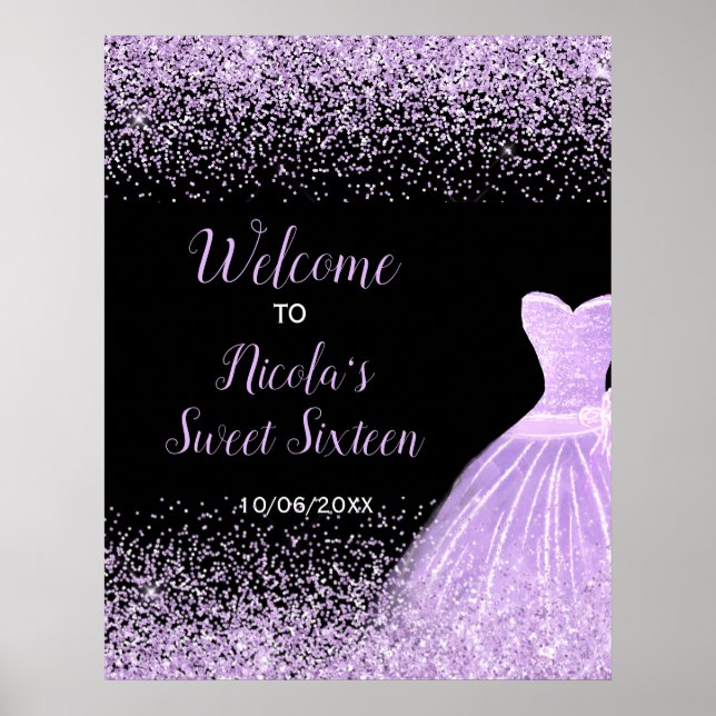 Poster Light Purple Dress Faux Glitter Sweet 16 Welcome (Frente)