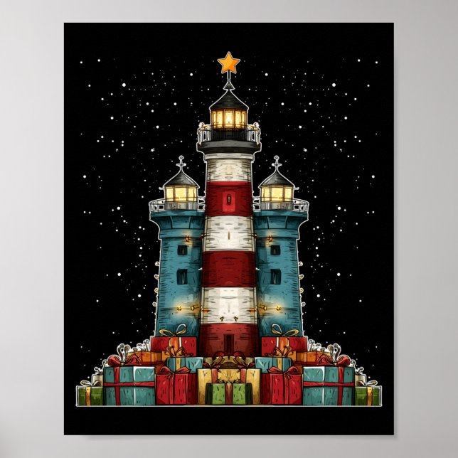 Poster Lighthouse Seaside Christmas Tree Xmas Long Sleeve (Frente)