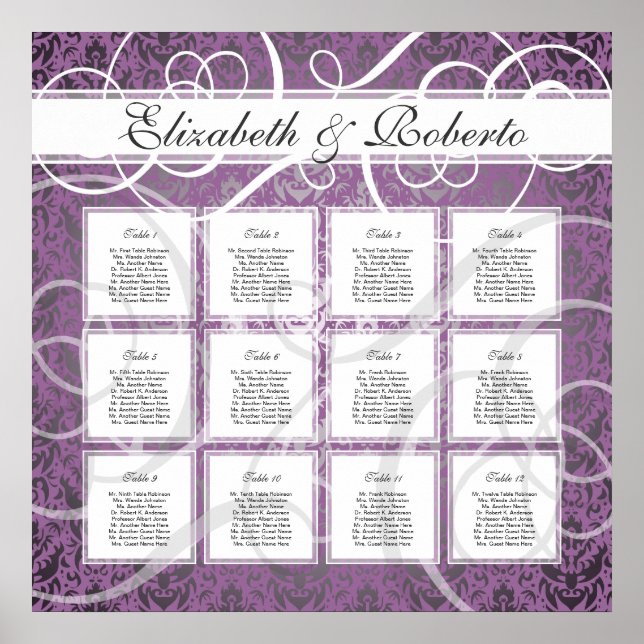 Poster Lilac Damask 12 Plano de Casamento de Mesa (Frente)