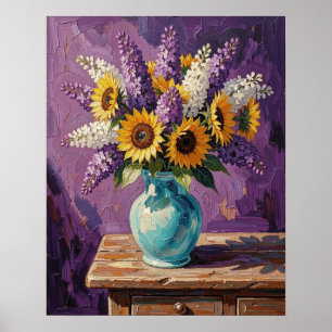 Poster Lilases e Girassóis   Design Botânico  