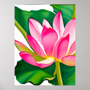 Poster Lily de Água Rosa Grande com Folhas Verde Esmerald