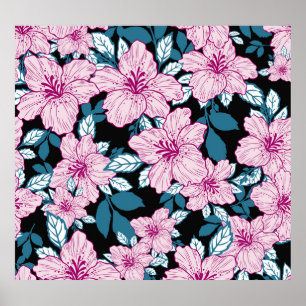 Poster Lily púrpura, fundo de folha azul.