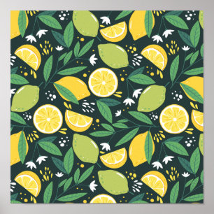 Poster Limão amarelo e padrão de Comida de Fruta verde