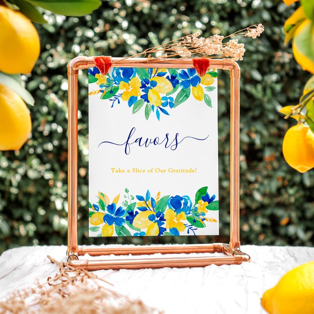 Poster Limões amarelos azuis favores florais chá de panel (Blue yellow lemons floral favors bridal shower poster)