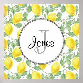 Póster Limões Amarelos com Monograma de Padrão de Folhas 