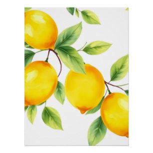 Póster Limões de Aquarela com Folhas Verdes
