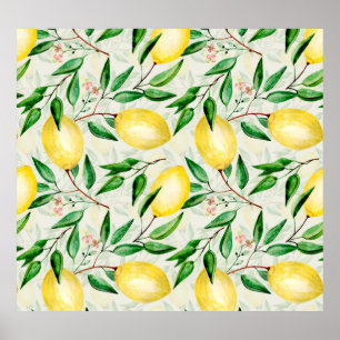 Poster Limões de aquarela, padrão de fruta sem costura.