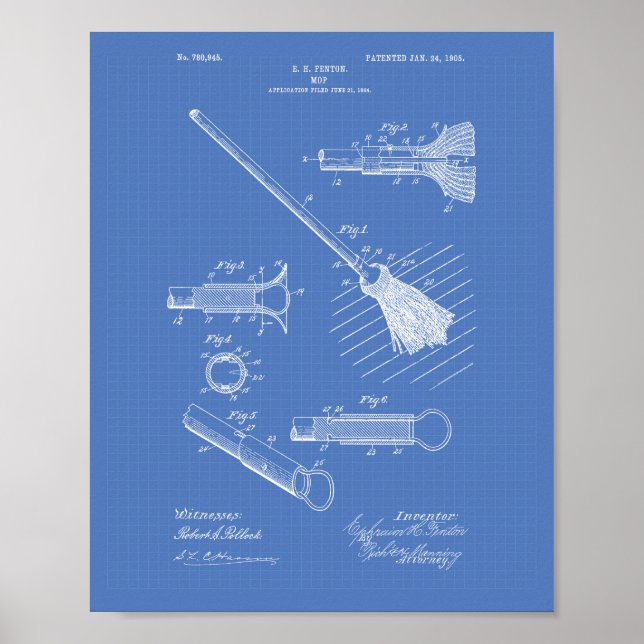 Póster Limpando o Mop 1905 Patent Art Blueprint (Frente)