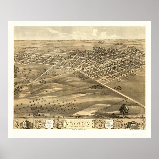 Póster Lincoln, Mapa Panorâmico do IL - 1869 (Frente)