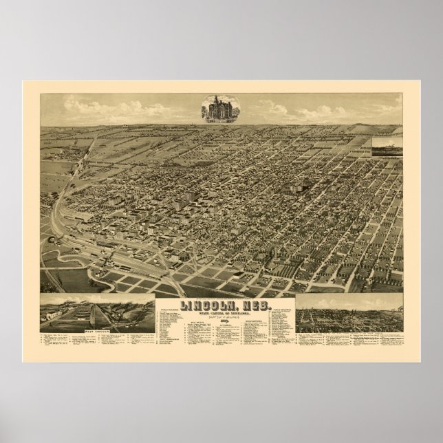 Póster Lincoln, NE Panorâmica - 1889 (Frente)
