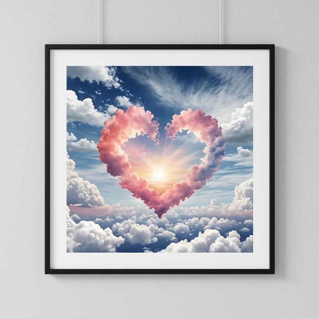Poster Linda Aquarela Celestial com Coração e Nuvens (Beautiful Watercolor Heaven with Heart and Clouds Poster)